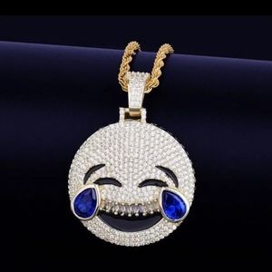 NEW Hip Hop Laughing Crying Emoji AAA Zircon Pave Pendant & 22" Necklace (Gold)
